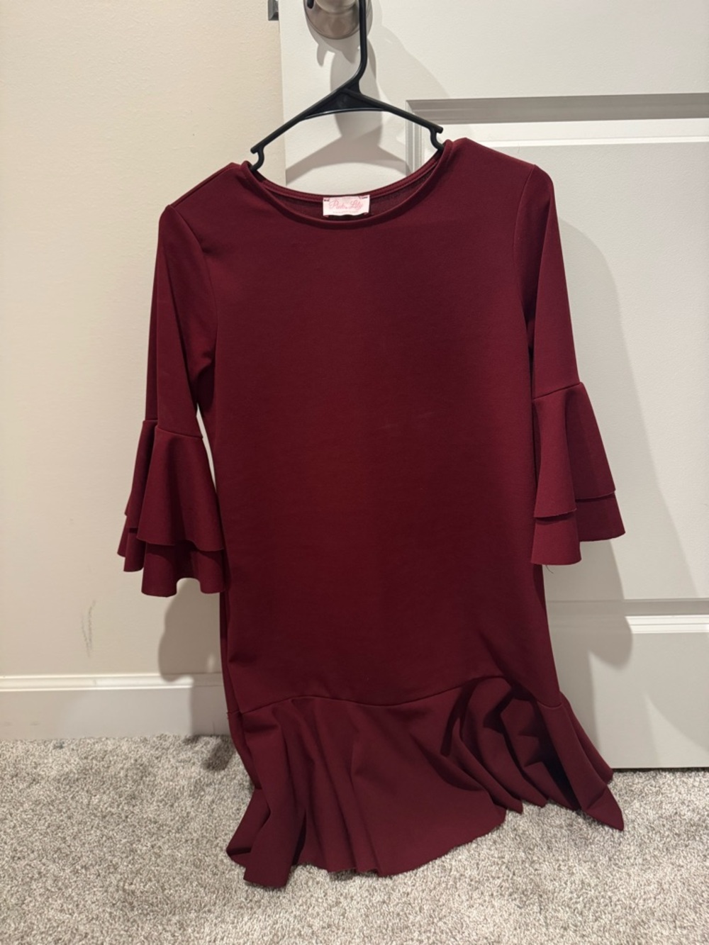 Pink Lily Maroon Ruffle Sleeve Long Sleeve Dress